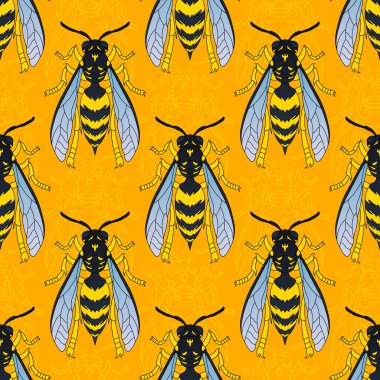 Siyah renkli eşekarıları. Eşek arısı deseni. Böcekli kusursuz vektör deseni, turuncu arka planda izole edilmiş siyah renkli eşekarılarıyla simetrik arka plan