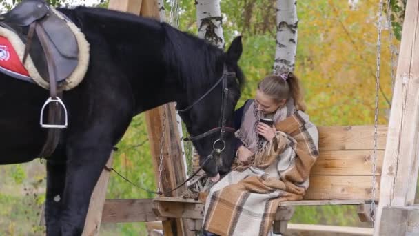 Niña sentada en un banco entre los abedules en el otoño con un caballo — Vídeo de stock