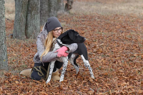 Mädchen geht im Herbst mit Hund spazieren — Stockfoto