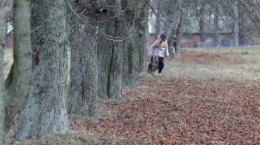 bir köpek için a yürümek sonbaharında kızla