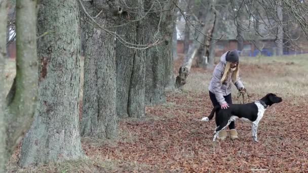 Chica con un perro para un paseo en el otoño — Vídeos de Stock