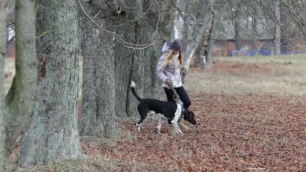 Ragazza con un cane per una passeggiata in autunno — Video Stock