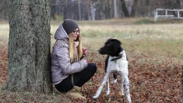 Девушка с собакой на прогулку осенью — стоковое видео