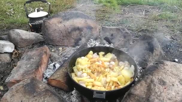 Stekt potatis i en stekpanna på elden — Stockvideo