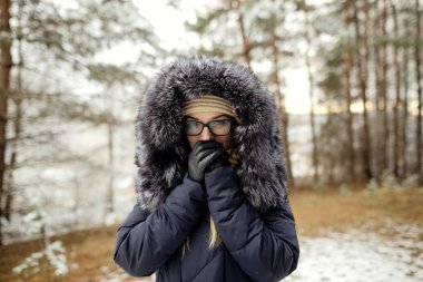 bir çam ormanı karda kız