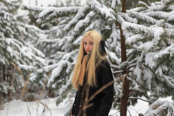 在下雪的冬天森林里的女孩。贫民窟 — 图库照片