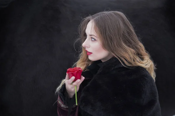 Mulher em um vestido escuro com uma rosa vermelha no inverno — Fotografia de Stock