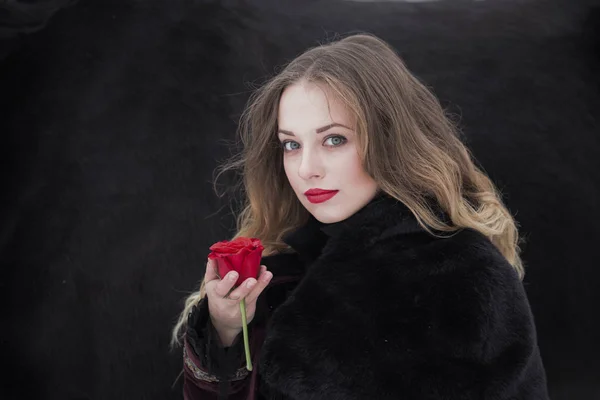 Mulher em um vestido escuro com uma rosa vermelha no inverno — Fotografia de Stock