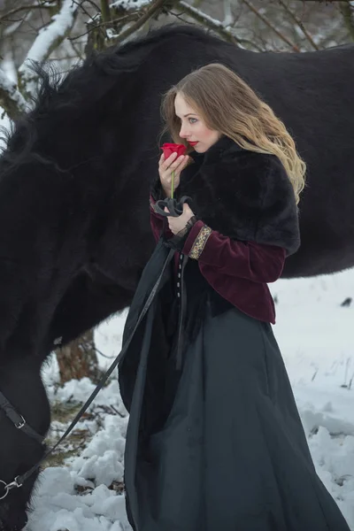 Vrouw in een donkere jurk met een rode roos in de winter — Stockfoto