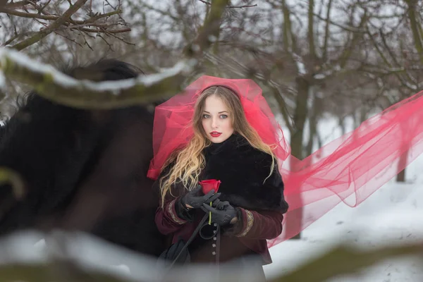 Chica en un velo rojo en la nieve en el invierno — Foto de Stock