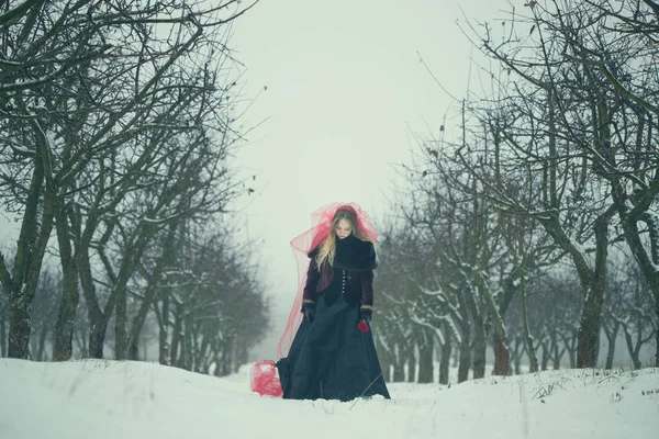 Chica en un velo rojo en la nieve en el invierno — Foto de Stock