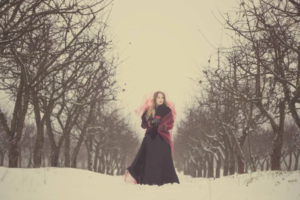 Девушка в красной вуали на снегу зимой — стоковое фото