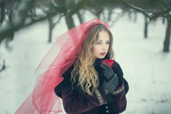 Girl in a red veil on the snow in the winter — Stock Photo, Image