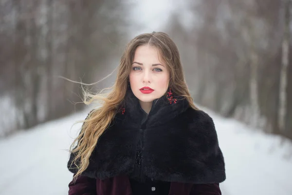 Winter portrait of a girl with long hair — Stock Photo, Image