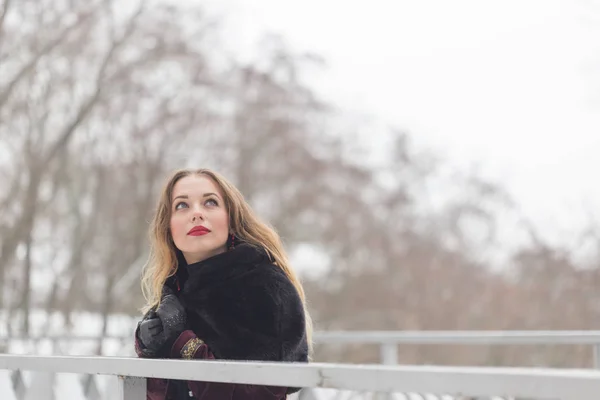 Hermosa chica de pie en el puente peatonal en invierno — Foto de Stock