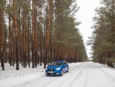 Gomel, Belarus - 21 Şubat 2017: Araba Renault - Logan farlar ile kış ormandaki.