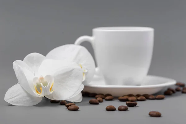 Orchidee und weiße Tasse Kaffee auf grauem Hintergrund — Stockfoto