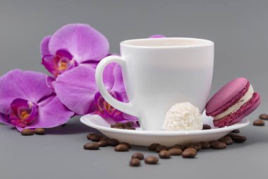 Orkide ve beyaz fincan kahve gri bir arka plan üzerinde