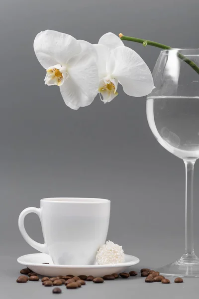 Orchidee und weiße Tasse Kaffee auf grauem Hintergrund — Stockfoto