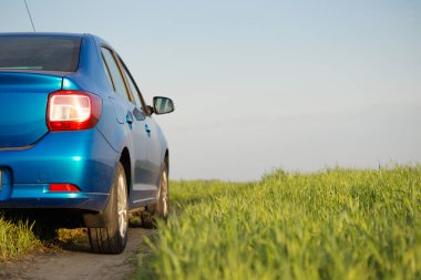 Gomel, Beyaz Rusya - 6 Mayıs 2017: mavi araba Renault Logan park etmiş bir ülke yolunda bir alanda.