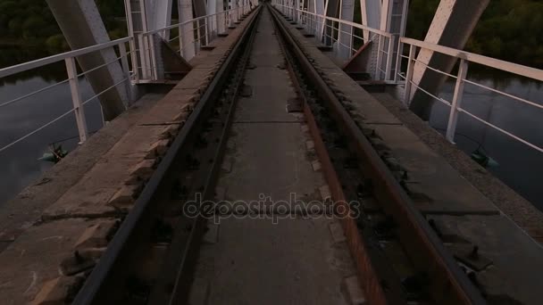 Morgen op de spoorbrug. Metalen constructiewerken en natuur — Stockvideo