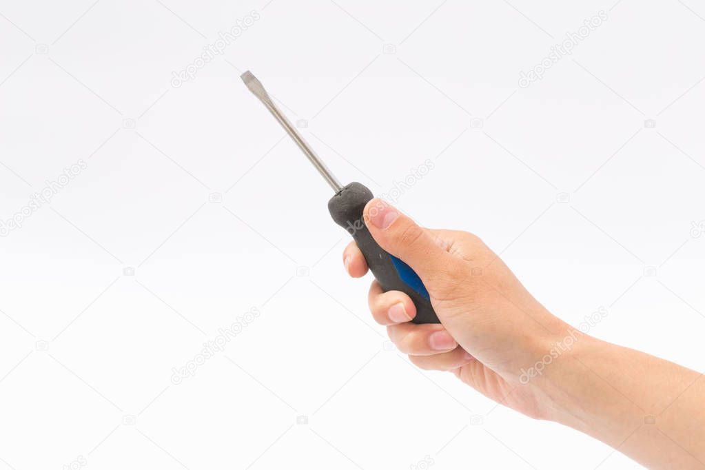 Female hands on a white background with a screwdriver