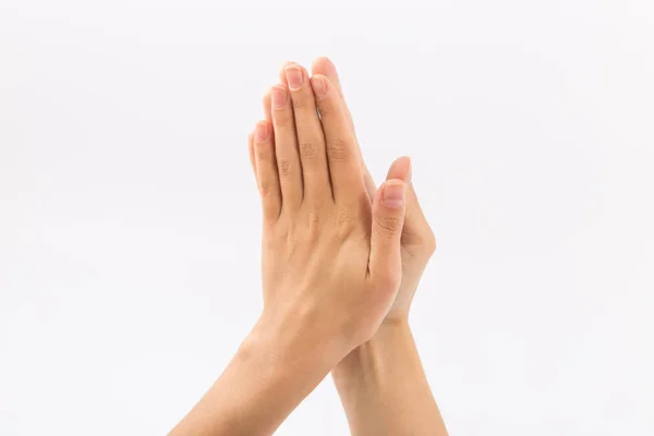 Γυναικεία χέρια σε λευκό φόντο. Χειρονομίες — Φωτογραφία Αρχείου