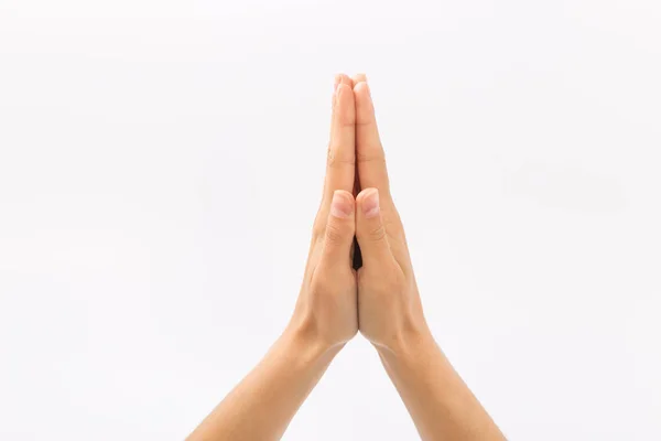 Female hands on a white background. Gestures — Stock Photo, Image