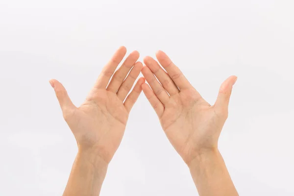 Mani femminili su sfondo bianco. Gesti — Foto Stock
