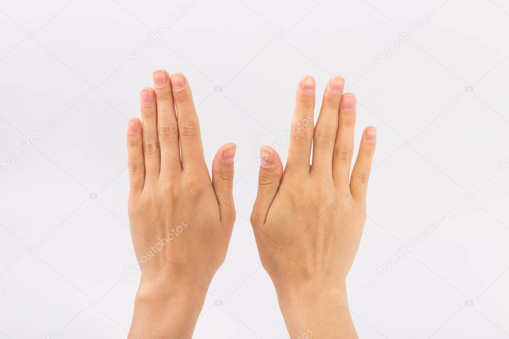 Female hands on a white background. Gestures