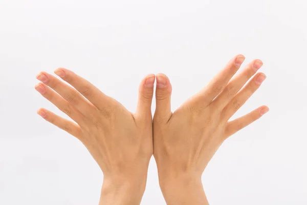 Female hands on a white background. Gestures — Stock Photo, Image