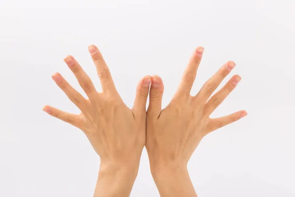 Manos femeninas sobre fondo blanco. Gestos — Foto de Stock