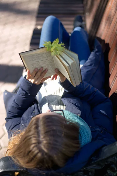 Дівчина читає книгу в парку на лавці — стокове фото