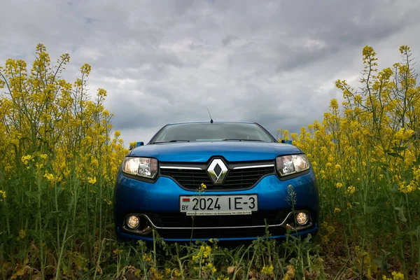 Gomel, Wit-Rusland - 24 mei 2017: de blauwe auto wordt geparkeerd op het veld van koolzaad. — Stockfoto