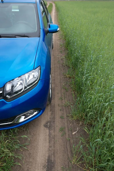 GOMEL, BELARUS - 24 de maio de 2017: RENO LOGAN carro azul está estacionado no campo verde . — Fotografia de Stock