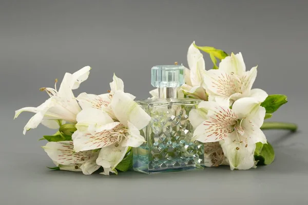 Flores lírios brancos em um fundo cinza com uma garrafa de vidro de espíritos . — Fotografia de Stock
