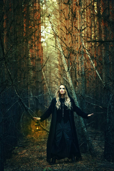 Хэллоуин. красивая девушка с фонарем в черном платье в лесу
.