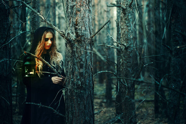 Halloween. beautiful witch girl in a black dress in the forest