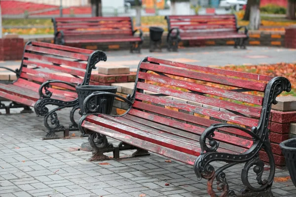 Bir dökme demir Bankası Şehir Parkı'ndaki ahşap banklara. — Stok fotoğraf