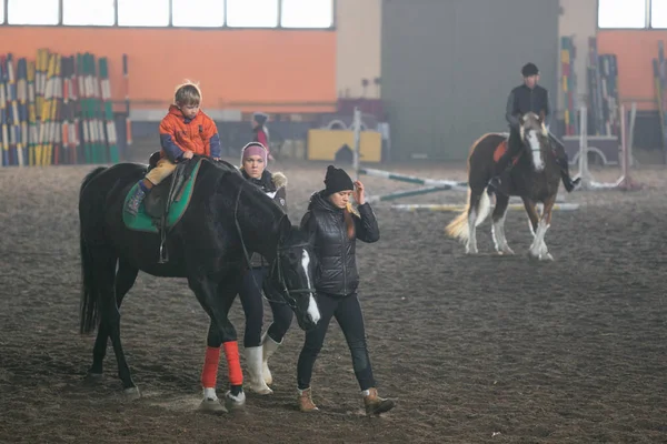 GOMEL, BELARUS - 25 de noviembre de 2017: Equitación deportiva ecuestre. Los niños aprenden montar a caballo . — Foto de Stock
