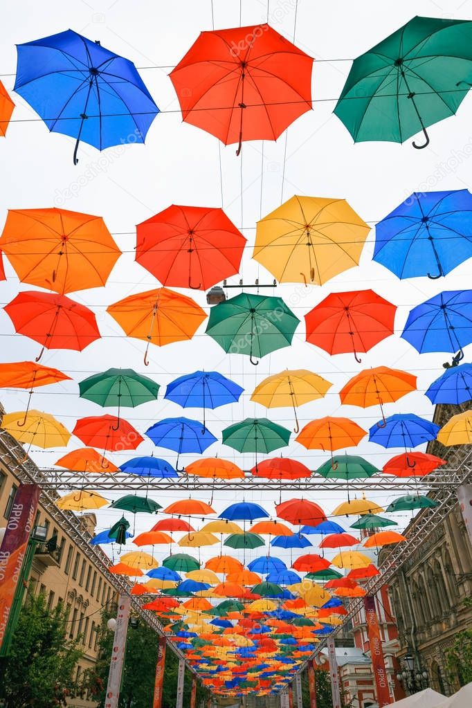Petersburg, Russia - June 30, 2017: alley of colored umbrellas.