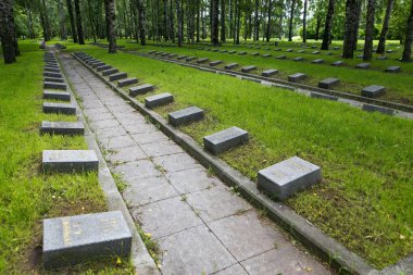Petersburg, Rusya - 2 Temmuz 2017: Piskaryovskoye memorial mezarlığı. Askerler ve Leningrad Kuşatması kurbanlarının toplu mezar yeri.
