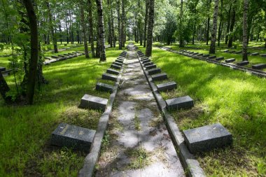 Petersburg, Rusya - 2 Temmuz 2017: Piskaryovskoye memorial mezarlığı. Askerler ve Leningrad Kuşatması kurbanlarının toplu mezar yeri.
