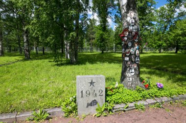 Petersburg, Rusya - 2 Temmuz 2017: Piskaryovskoye memorial mezarlığı. Askerler ve Leningrad Kuşatması kurbanlarının toplu mezar yeri.