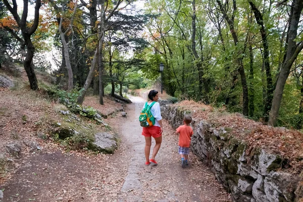 Мать и маленький сын идут по аллее зеленого парка . — стоковое фото