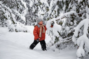 Kış eğlence. karlı kış orman çocuğu rahat dolaşır.