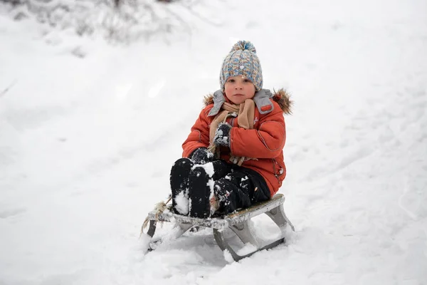 Winterpret. de jongen is een slee rijden. — Stockfoto