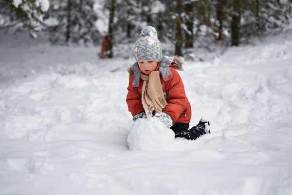 Divertimento invernale. il ragazzo scolpisce il pupazzo di neve . — Foto Stock