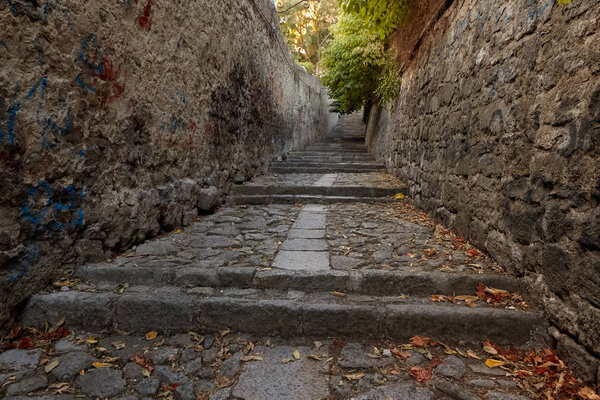 A narrow street of italy with steps of stone. Monselice, Italy
