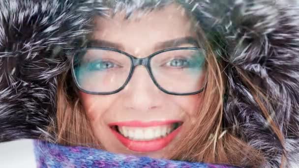 Large Portrait Girl Wearing Glasses Fur Hood Winter — Stock Video